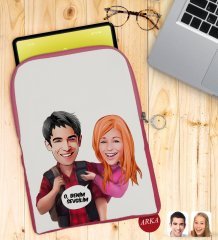 Kişiye Özel Sevgililer Karikatürlü Taşınabilir Koruyucu Tablet Kılıfı & Organizer Çanta - Pembe-91
