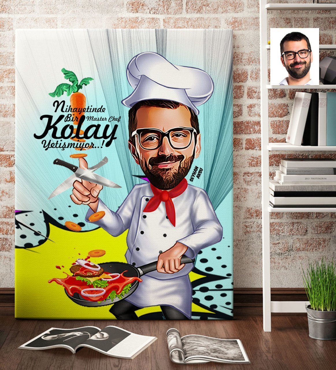 Kişiye Özel Bay Master Chef Karikatür Kanvas Tablo (70 x 100 cm.) 1