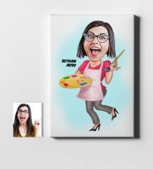 Kişiye Özel Bayan Ressam Karikatür Kanvas Tablo (50 x 70 cm.) 1