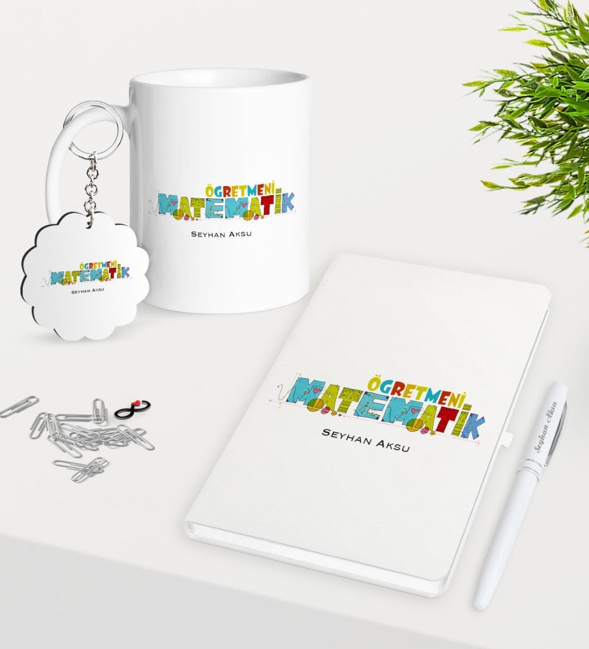 Kişiye Özel Matematik Öğretmeni Kupa Anahtarlık Beyaz Defter Kalem Hediye Seti-2