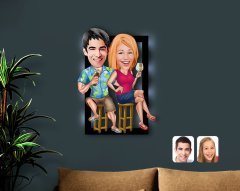 Kişiye Özel Sevgililer Karikatürlü 3D Led Işıklı Ahşap Tablo-51