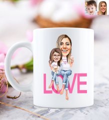 Kişiye Özel Anne ve Kız Love Karikatürlü Beyaz Kupa Bardak-1
