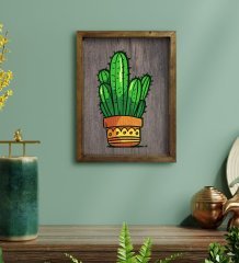 BK Home Kaktüs Tasarımlı Doğal Masif Ahşap Çerçeveli Tablo 45x65cm-1