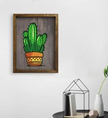 BK Home Kaktüs Tasarımlı Doğal Masif Ahşap Çerçeveli Tablo 45x65cm-1