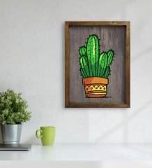 BK Home Kaktüs Tasarımlı Doğal Masif Ahşap Çerçeveli Tablo 45x65cm-1