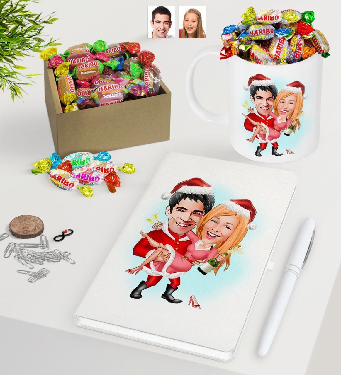 Kişiye Özel Yeni Yıl Sevgililer Karikatürlü Beyaz Defter Kalem Kupa ve Kutulu Haribo Şeker Hediye Seti-2