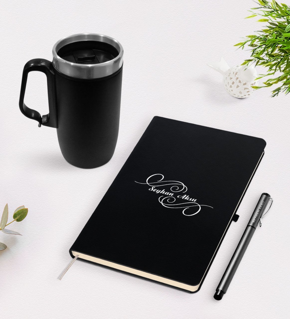 Kişiye Özel İsimli Siyah Defter Kalem Termos Mug Seti - 3