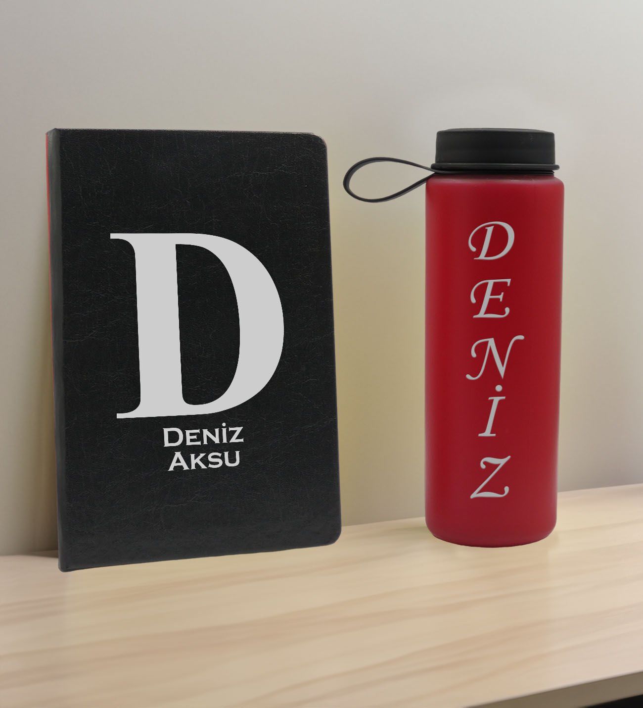 BK Gift Kişiye  Özel İsimli Siyah Defter ve Kırmızı Cam Matara Hediye Seti-5, Sevgiliye Hediye, Arkadaşa Hediye, Yeni İş Hediyesi