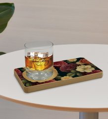 Kişiye Özel Çiçekler Tasarımlı Doğal Ahşap Tabaklı Viski Bardağı Sunum Seti Model 6