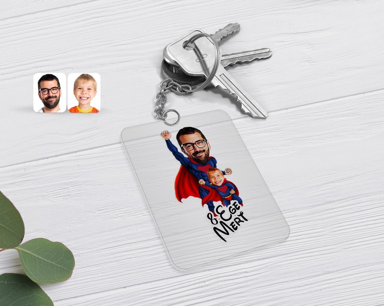Kişiye Özel Süper Baba ve Çocuk Karikatürlü Şeffaf Pleksi Anahtarlık