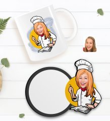 Kişiye Özel Kadın Chef Karikatürlü Beyaz Kupa ve Ahşap Bardak Altlığı Hediye Seti-12