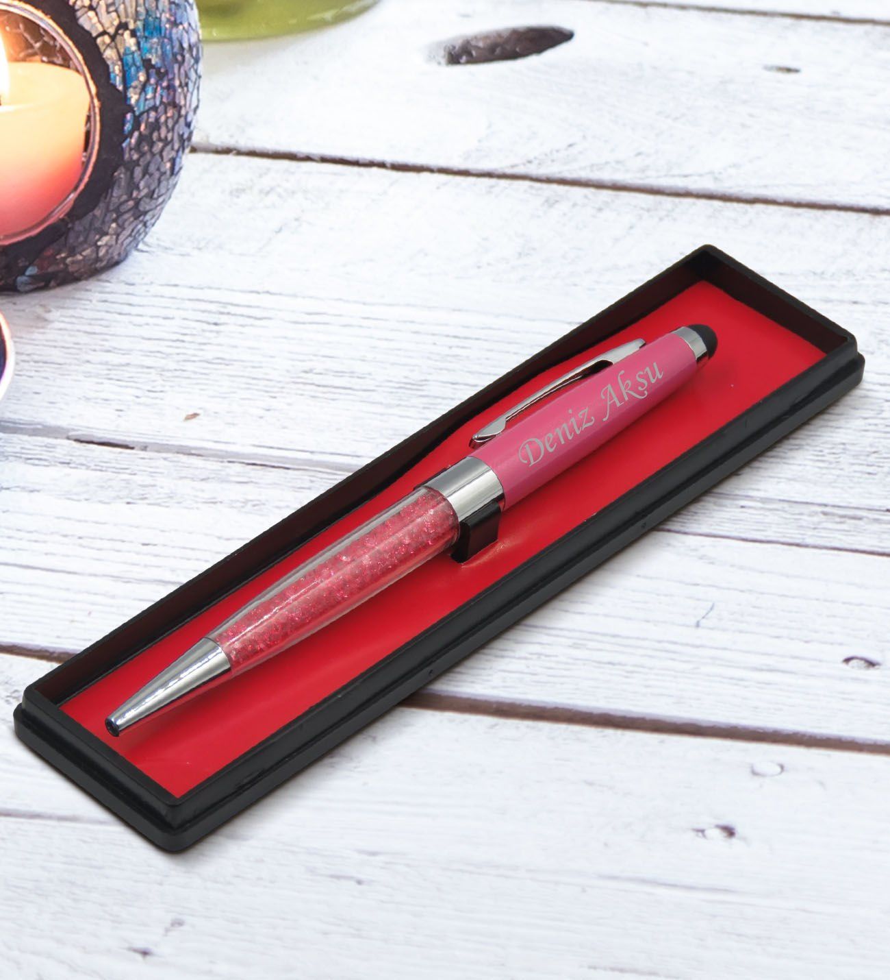 BK Gift Kişiye Özel İsimli Pembe Taşlı Touchpen Metal Tükenmez Kalem, Yeni İş Hediyesi, Ofis Hediyesi