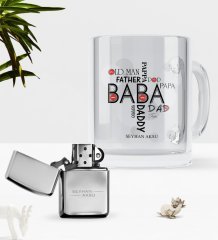 Kişiye Özel Baba Cam Kupa Bardak Benzinli Metal Çakmak Seti-1