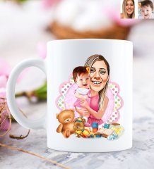 Kişiye Özel Anne ve Kız Bebek Karikatürlü Beyaz Kupa Bardak-1