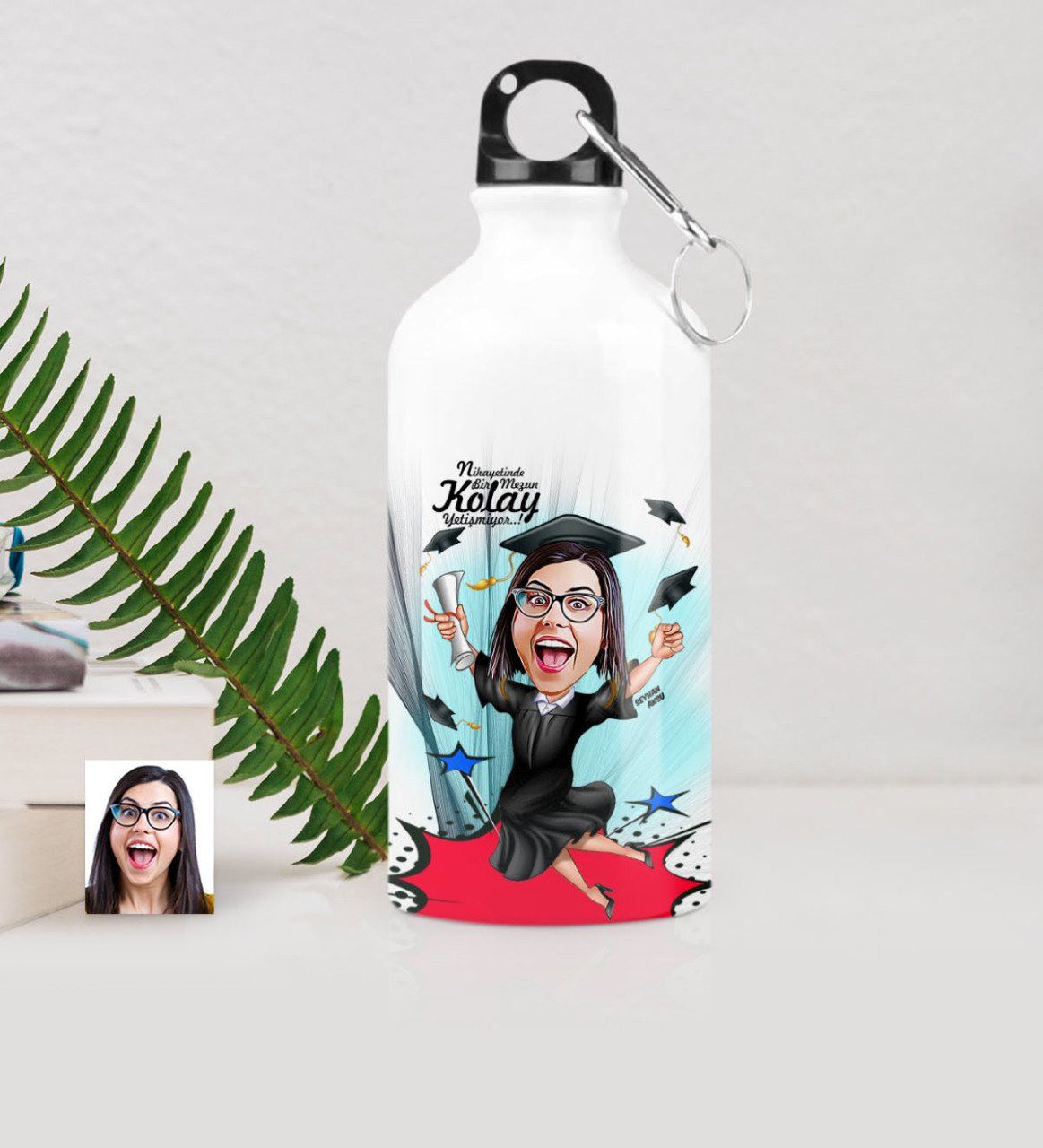 Kişiye Özel Bayan Mezun Karikatürlü Metal Suluk (500 ml.) 1
