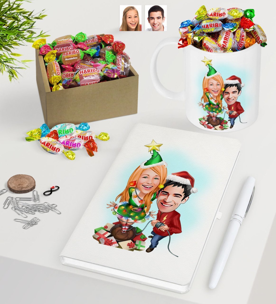 Kişiye Özel Yeni Yıl Sevgililer Karikatürlü Beyaz Defter Kalem Kupa ve Kutulu Haribo Şeker Hediye Seti-1