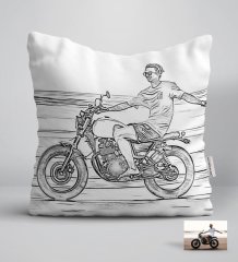 Kişiye Özel Tam Boy Karakalem Motosikletli Adam Karikatürlü Beyaz Yastık-1