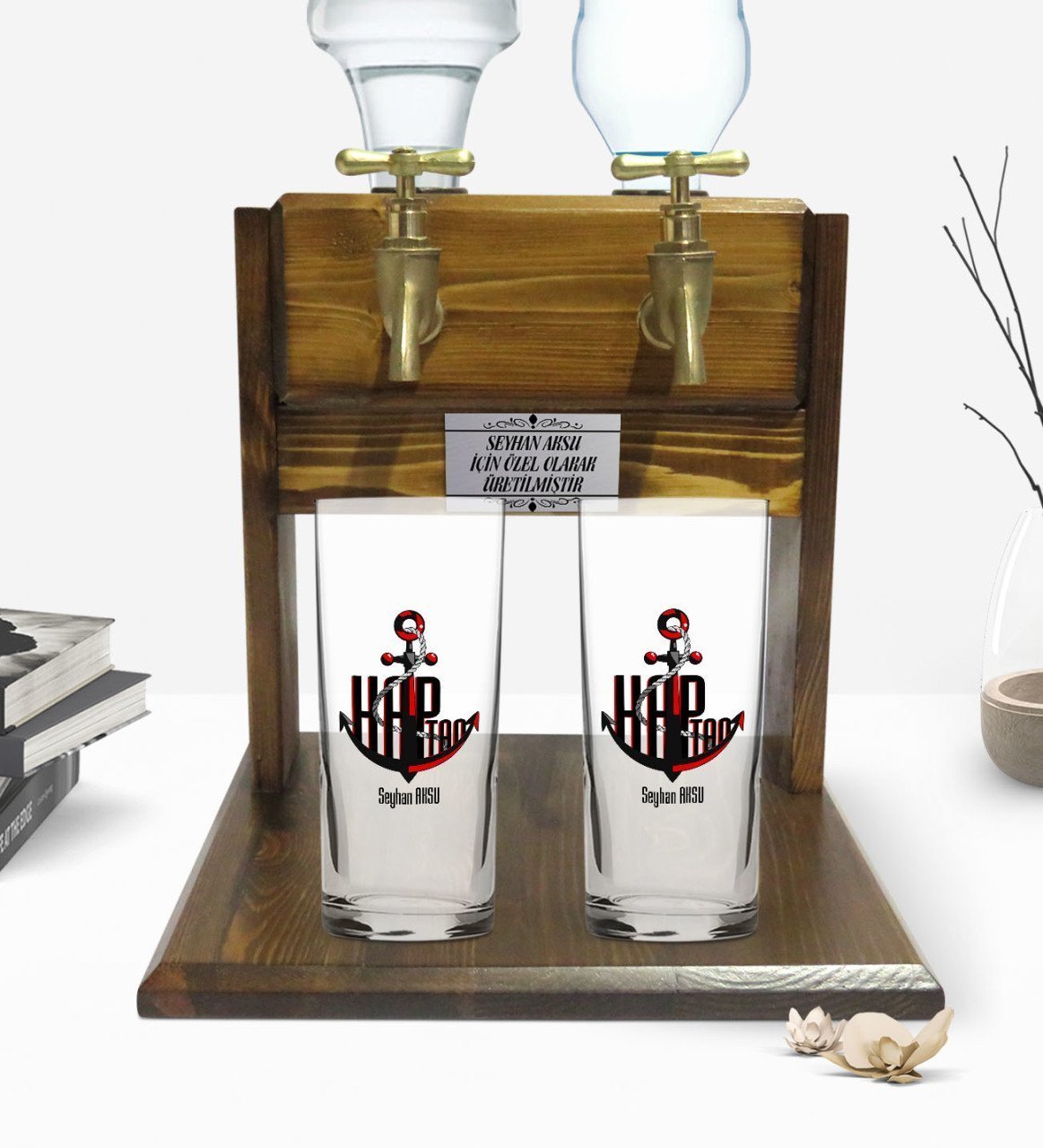 Kişiye Özel Renkli Baskılı Kaptan Tasarımlı İkili Rakı Bardağı ve Çift Musluklu Doğal Ahşap Rakı Standı-3