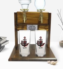 Kişiye Özel Renkli Baskılı Kaptan Tasarımlı İkili Rakı Bardağı ve Çift Musluklu Doğal Ahşap Rakı Standı-3