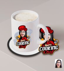 Kişiye Özel Kadın Chef Karikatürlü Beyaz Kupa ve Ahşap Bardak Altlığı Hediye Seti-11