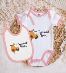 BK Kids Teyzesinin Balı Tasarımlı Pembe Bebek Body Zıbın ve Mama Önlüğü Hediye Seti-1