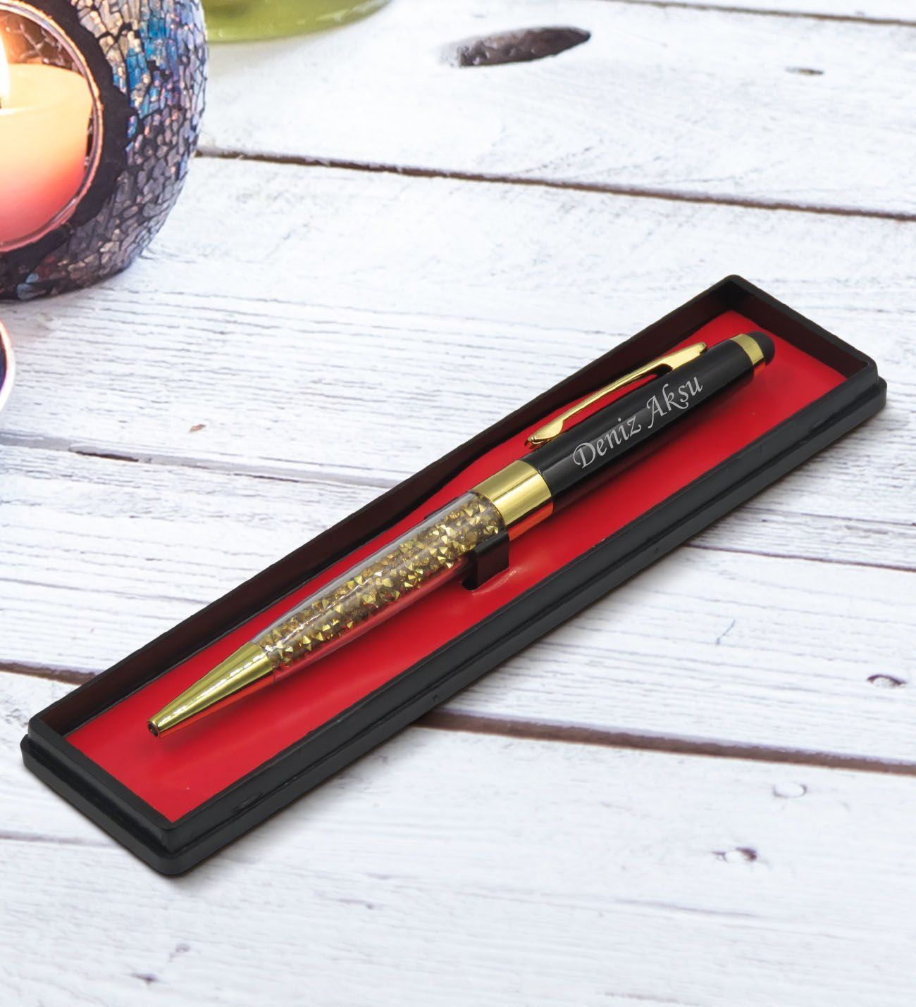 BK Gift Kişiye Özel İsimli Siyah-Gold Taşlı Metal Touchpen Tükenmez Kalem,Yeni İş Hediyesi,Ofis Hediyesi