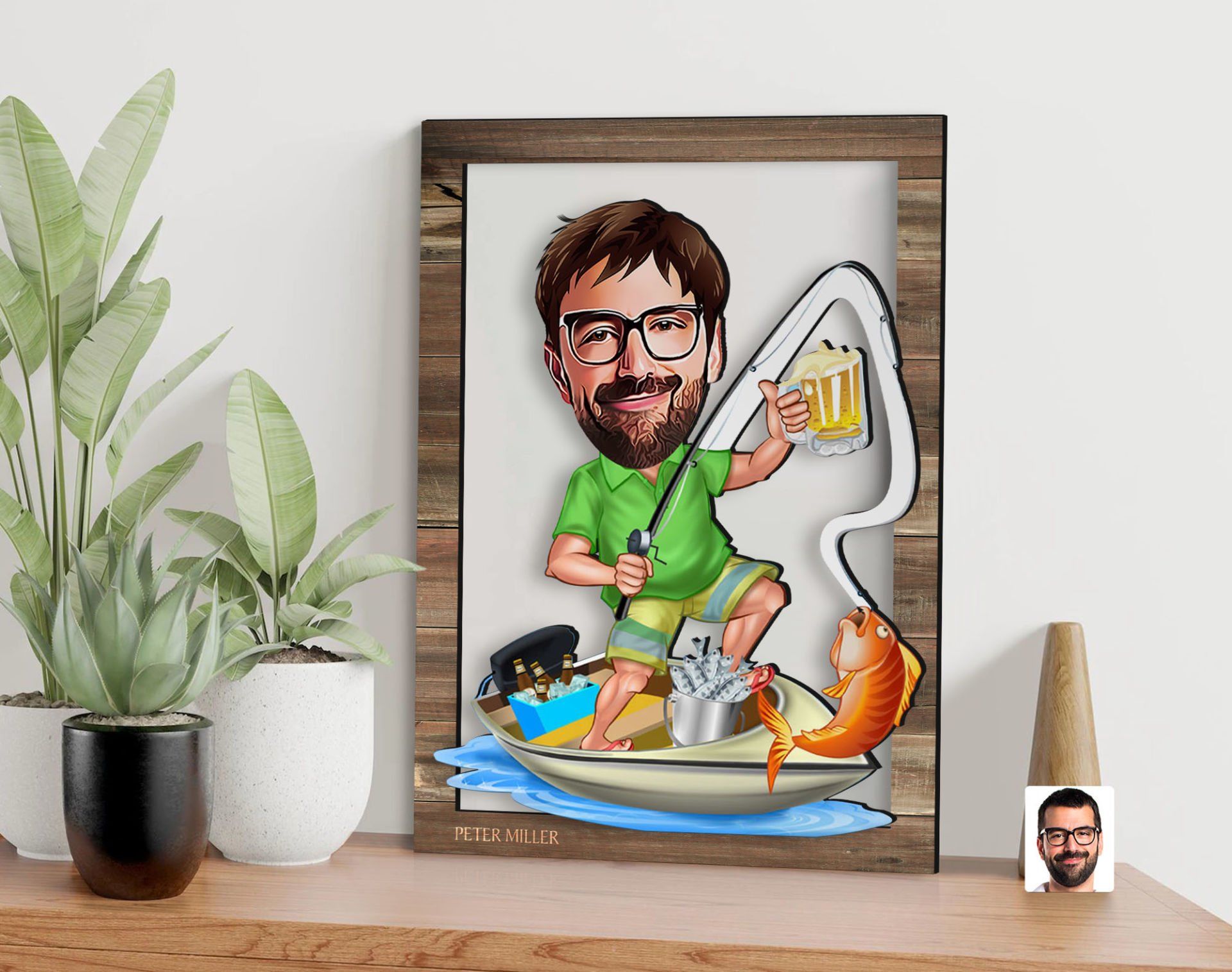 BK Gift Kişiye Özel Balıkçı Karikatürlü 3D Ahşap Tablo, Sevgiliye Hediye, Arkadaşa Hediye, Yıl Dönümü Hediyesi, Doğum Günü Hediyesi-1