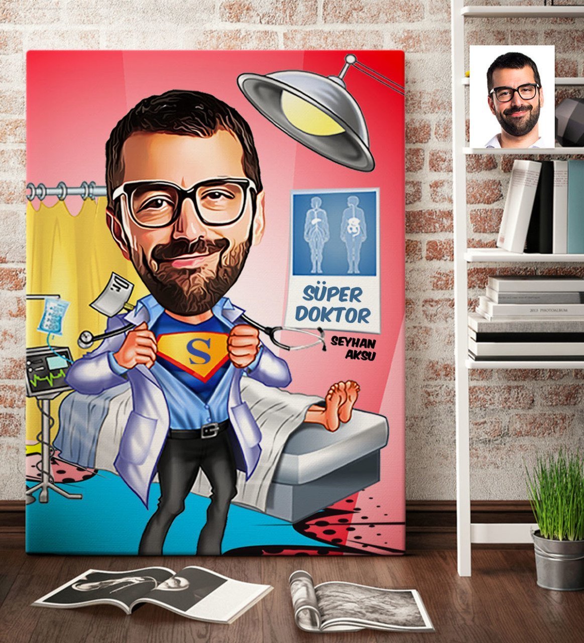 Kişiye Özel Bay Doktor Karikatürlü Kanvas Tablo (70 x 100 cm.) 2