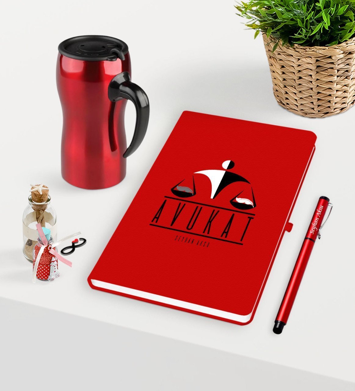 Kişiye Özel Avukat Temalı Kırmızı Defter Kalem ve Termos Mug Seti  - 4