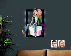 Kişiye Özel Sevgililer Karikatürlü 3D Led Işıklı Ahşap Tablo-35