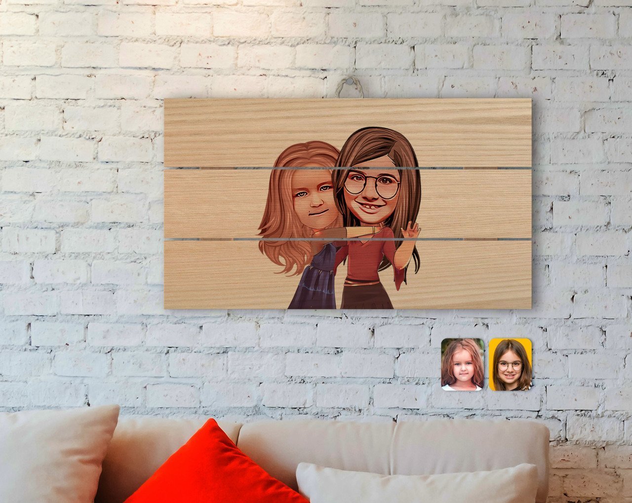 Kişiye Özel Kız Kardeşler Karikatürlü Otantik Ahşap Palet Tablo-6