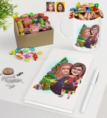 Kişiye Özel Yeni Yıl Kız Kardeşler Karikatürlü Beyaz Defter Kalem Kupa ve Kutulu Haribo Şeker Hediye Seti-3