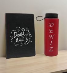 BK Gift Kişiye  Özel İsimli Siyah Defter ve Kırmızı Cam Matara Hediye Seti-4, Sevgiliye Hediye, Arkadaşa Hediye, Yeni İş Hediyesi