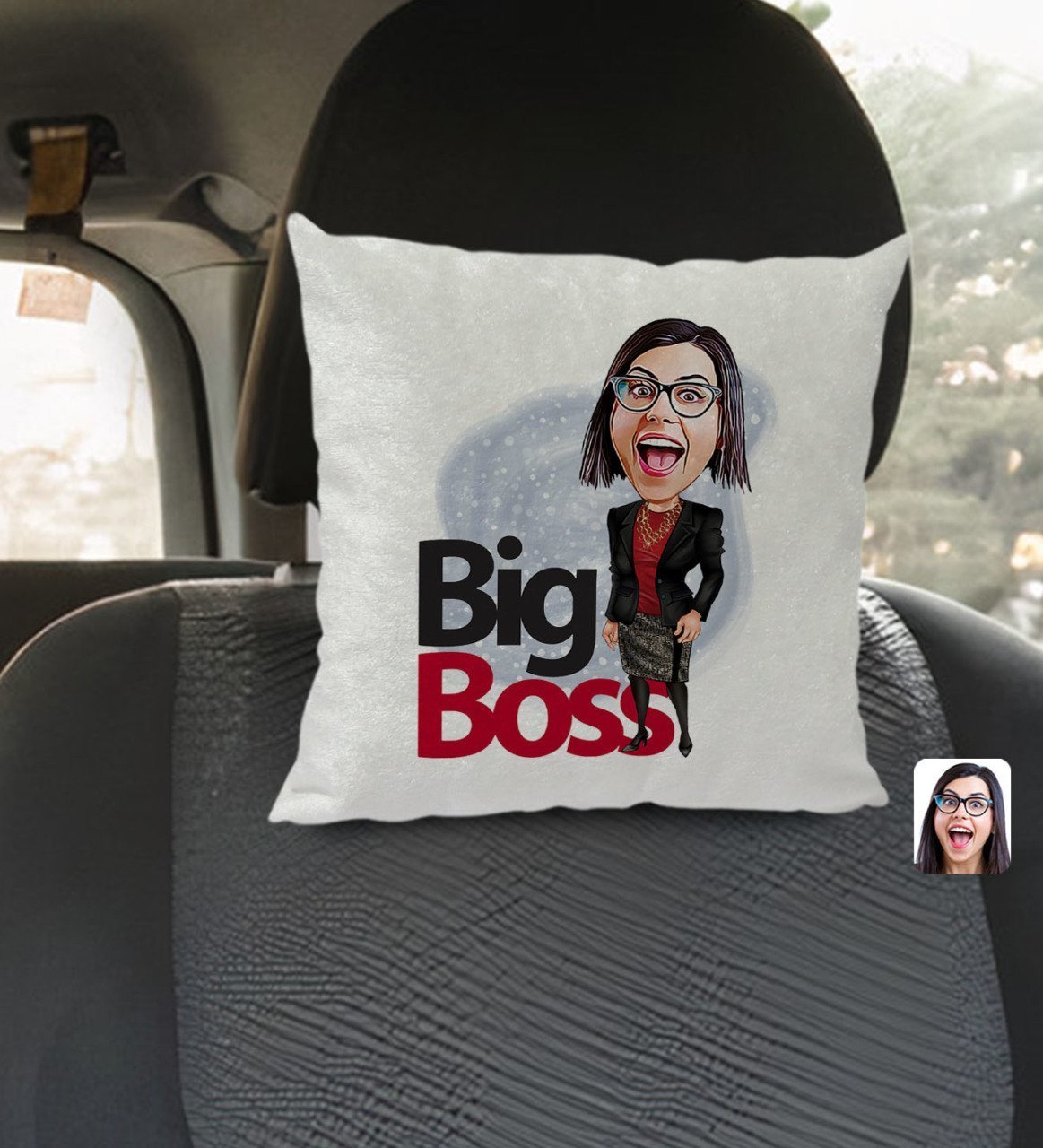 Kişiye Özel Kadın Big Boss Karikatürlü Kare Araç Koltuk Yastığı-2