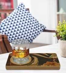 Kişiye Özel Çiçekler Tasarımlı Doğal Ahşap Tabaklı Viski Bardağı Sunum Seti Model 4