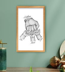 BK Gift Kişiye Özel Siyah Beyaz Baba ve Çocuklar El Tasarımlı Ahşap Çerçeveli Tablo-3 40x25cm, Babaya Hediye, Yeni Doğum Hediyesi