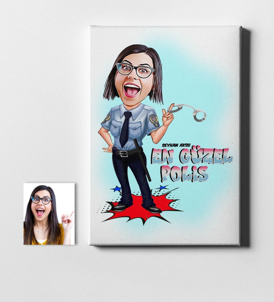 Kişiye Özel Bayan En Güzel Polis Karikatür Kanvas Tablo (50 x 70 cm.) 1