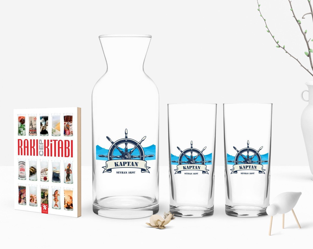 Kişiye Özel Renkli Baskılı Kaptan Tasarımlı İkili Rakı Bardağı Karaf ve Cep Kitabı Hediye Seti-9