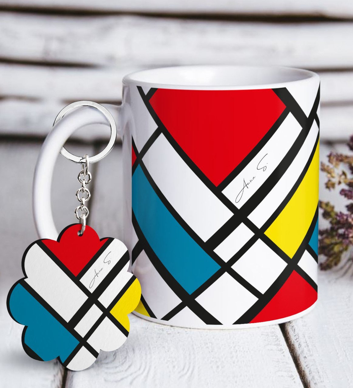 Kişiye Özel Mondrian Beyaz Kupa ve Anahtarlık Hediye Seti-3