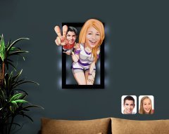 Kişiye Özel Sevgililer Karikatürlü 3D Led Işıklı Ahşap Tablo-30