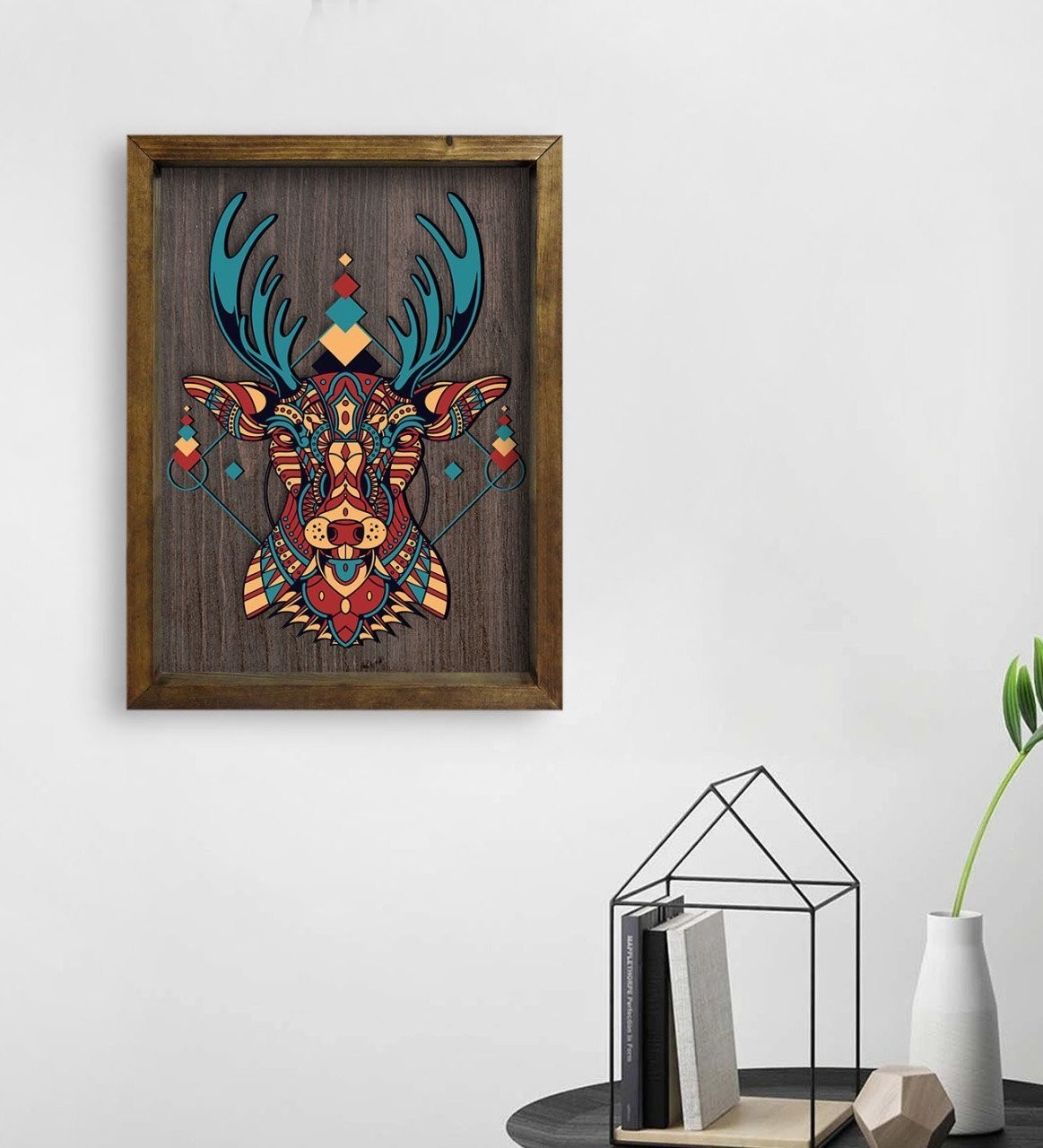 BK Home Geyik Tasarımlı Doğal Masif Ahşap Çerçeveli Tablo 45x65cm-1