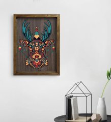 BK Home Geyik Tasarımlı Doğal Masif Ahşap Çerçeveli Tablo 45x65cm-1