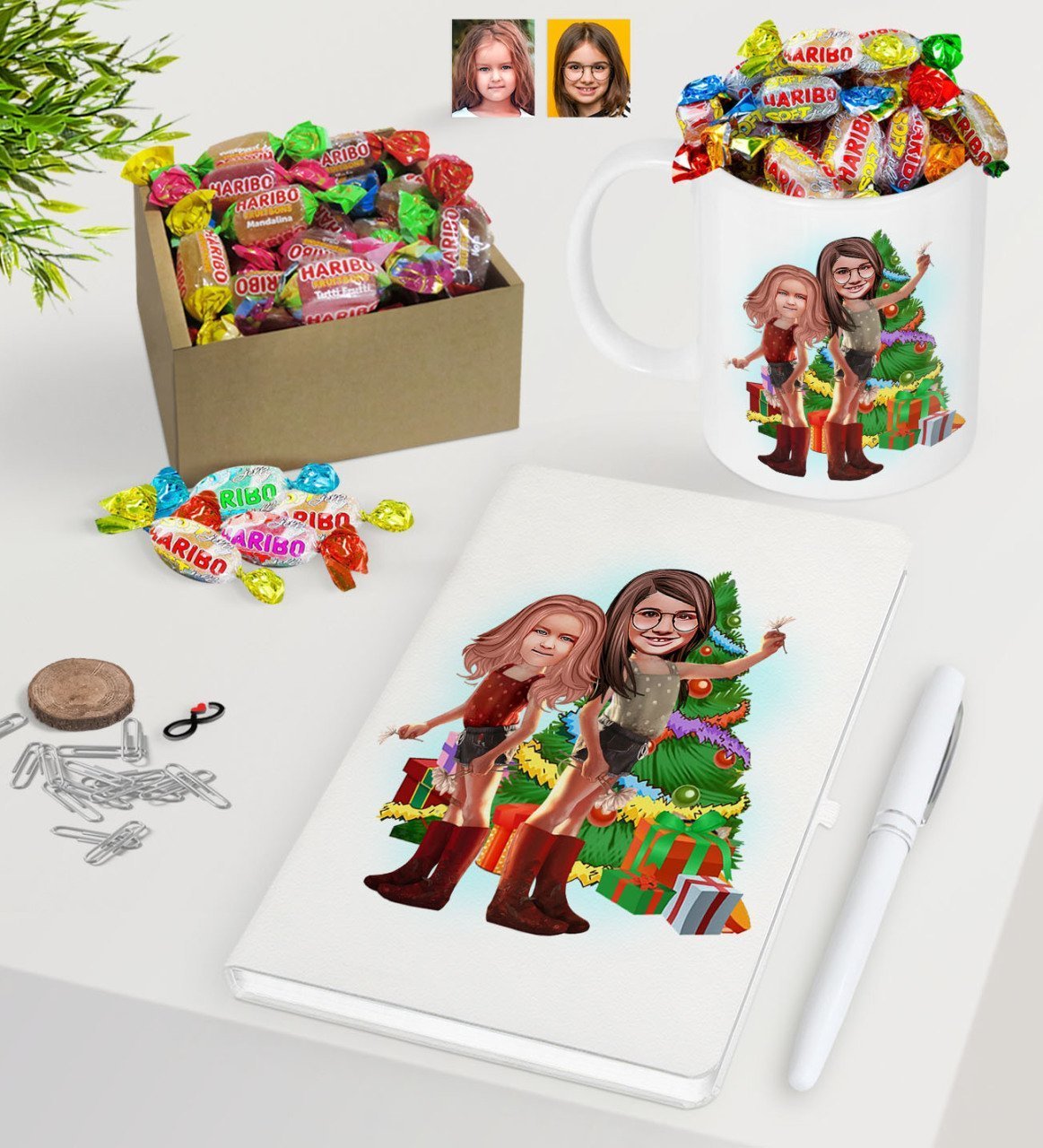 Kişiye Özel Yeni Yıl Kız Kardeşler Karikatürlü Beyaz Defter Kalem Kupa ve Kutulu Haribo Şeker Hediye Seti-2
