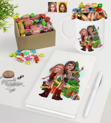 Kişiye Özel Yeni Yıl Kız Kardeşler Karikatürlü Beyaz Defter Kalem Kupa ve Kutulu Haribo Şeker Hediye Seti-2