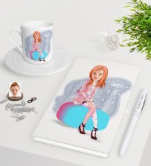 Kişiye Özel Kadın Karikatürlü Beyaz Defter Kalem Türk Kahvesi Fincanı Seti-32