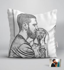 Kişiye Özel Tam Boy Karakalem Köpek ve Erkek Karikatürlü Beyaz Yastık-1