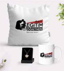 Kişiye Özel Özel Eğitim Öğretmeni Beyaz Kupa Yastık ve İsimli Papatya Kolye Hediye Seti-1
