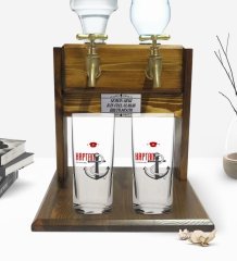 Kişiye Özel Renkli Baskılı Kaptan Tasarımlı İkili Rakı Bardağı ve Çift Musluklu Doğal Ahşap Rakı Standı-1