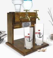 Kişiye Özel Renkli Baskılı Kaptan Tasarımlı İkili Rakı Bardağı ve Çift Musluklu Doğal Ahşap Rakı Standı-1