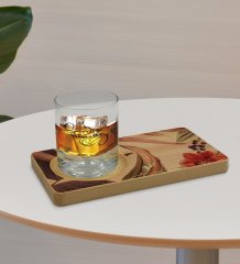 Kişiye Özel Çiçekler Tasarımlı Doğal Ahşap Tabaklı Viski Bardağı Sunum Seti Model 3